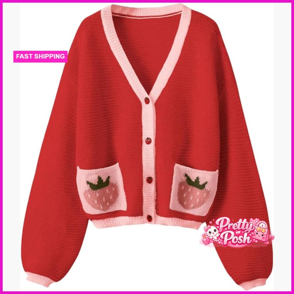 Polyester Kawaii Strawberry Pattern Cardigan Long… - image 1